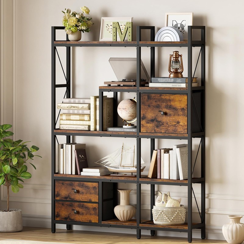 CHOEZON Corner Bookshelf, 5-Tier L-Shaped Bookcase with Drawers and Storage