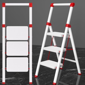 3 Step Ladder, DIAMONDFORGE Folding Step Stool with Wide Anti-Slip Pedal, Anti-Slip Feet and Handgrip, Sturdiest Steel Construction, Steel Ladder for Home, White Red