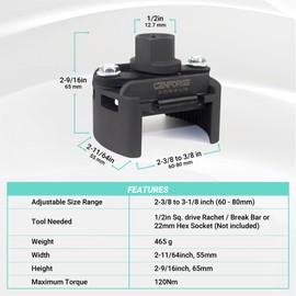 CENFORGE Adjustable Oil Filter Wrench, 2-3/8 to 3-1/8 inch, 60-80mm, Universal Oil Filter Removal Tool, 1/2'' Drive Cap Style, Oil Filter Tool, Perfect Fits Small Medium-sized Spin-on Oil Filters
