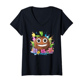 Womens Smiling Coconut With Flowers Splash Colors V-Neck T-Shirt