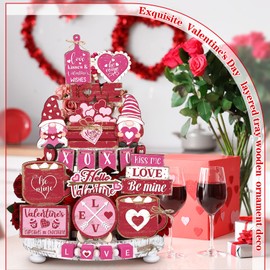 Wesiti 22 Pcs Valentine's Day Tiered Tray Decor Set Valentines Heart Love Wood Kiss Me Gnome Be Mine Tray Signs for Valentine's Day Rustic Farmhouse Table Decor