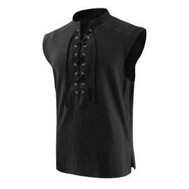 SYQBR Mens Medieval Pirate Lace-up Sleeveless Shirt, Renaissance Viking Stand Collar Top, Steampunk Gothic Costume Tunic(Black, XXL)