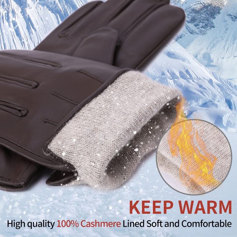 MGGMOKAY Men's Cashmere Lined Leather Gloves, Brown (touchscreen)