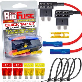 BioFuse 12 AWG Standard ATO Quick TAP KIT: 2 Add-A-Circuit Car Fuse Tap Adapters, 2 Each (10A 20A) Regular Fuses, 4 Zip Ties, Fuse Puller (Blade Group: ATO, ATC, ATS, APR)