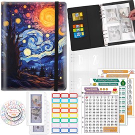 100 Envelopes Money Saving Challenge Binder, A5 Budget Binder with 25 pcs Cash Envelopes, 3 pcs Reusable Laminated Trackers Saving $5050, 500, 10000, Money Organizer, Starry Night