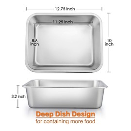 E-far Lasagna Pan Set of 2, Deep Stainless Steel Baking Pans, 12.75 x10 x3.2 Inches Rectangular Metal Roasting Baking Dish Bakeware for Oven, Non-Toxic & Heavy Duty, Dishwasher Safe