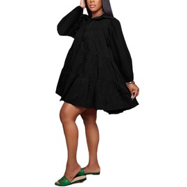 WOKANSE Women Autumn Long Sleeve Tunic Dresses Loose Babydoll Swing Ruffle A Line Tiered Short Dress Black XL
