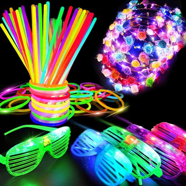 112 Pcs New Years Eve Glow in The Dark Party Supplies 2024, Glow Sticks Bulk LED Neon Party Favor Light Up Toys Gifts Kids Adult 100 Glow Sticks Necklaces Bracelets/6 Light Up Glasses/6 Led Headbands