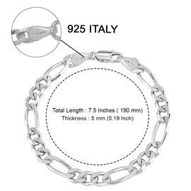Charmsy Solid 925 Sterling Silver Figaro Chain Bracelet for Men Women | Italian 4mm Diamond-Cut Figaro Link Chain Bracelets 7.5 Inches, Length 7.5 IN (Women Medium & Men Small), Sterling Silver, no