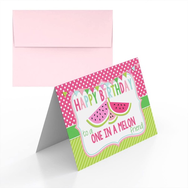 One in a Melon Watermelon Themed Birthday Pun Themed Single (1) All Occasion Blank Birthday Card To Send To Friends & Family, 4"x 6" (when folded) Fill In Greeting Note Card by AmandaCreation