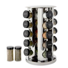 Kamenstein 20 Jar Revolving Countertop Spice Rack with Spices Included, FREE Spice Refills for 5 Years, Polished Stainless Steel with Black Caps, 30020