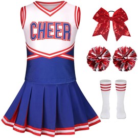 Kids Girls Cheerleading Uniform Outfits Dance Dress with Match Pom poms Socks Hair Tie Cheerleader Set C-Navy