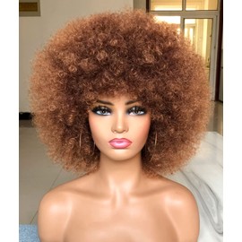 HIHOO Short Afro Wig with Bangs for Black Women Afro Kinky Curly Wig 70s Premium Synthetic Big Afro Wig(Brown)