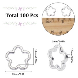SUNNYCLUE 1 Box 100PCS 15mm Silver Flower Bead Frames Spacer Beads Metal Alloy Double Hole Hollow Petal Blossom Connector Link Frame Beads for Jewellery Making Beading Accessories DIY Earrings Craft