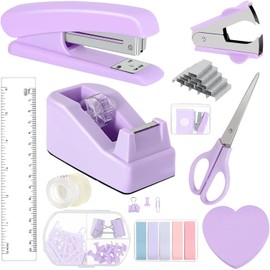 Mini Office Supply Kit with Stapler, Scissors, Paper Clips, Sticky Notes, Desktop Stationery Set (Purple)