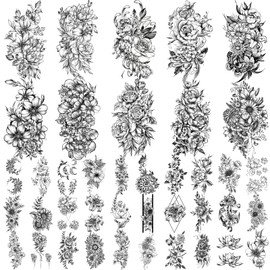 Yazhiji 40 Sheets of Durable Tattoos Large Flowers Collection Waterproof Temporary Fake Tattoo Stickers for Women and Girls