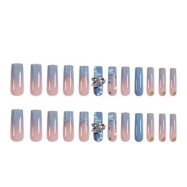 Press on Nails Extra Long Blue French False Nails Flower Butterfly Fake Nails Artificial Acrylic Nails Glitter Powder Design Square Nails Full Cover Reusable Coffin Nails Glue on Nails for Women 24Pcs