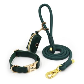 MVM Dog Lead with Collar & Waste Bag Dispenser Set - Waterproof & Easy Care - PU Leather & Braided Nylon - Golden Clasps - Adjustable Small, Medium & Large Dogs - Dark Green