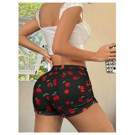 SHENHE Women's Y2k Sexy Booty Shorts High Waisted Ruched Stretch Yoga Lounge Biker Shorts Leggings Black Cherry Print Medium