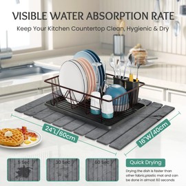 Stone Dish Drying Mat Collapsible Diatomaceous Earth Absorbent Mat Quick Dish Drying Pad Dish Rack Pad Match Any Counterto Multiple Usage for Kitchen,Bathroom (Dark-Gray Marble Pattern, 24"L x 16"W)