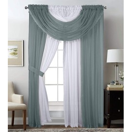 Sapphire Home Sheer Curtains - Two Tone 4 Panels Set w/Valance & Tiebacks, 55"x95", Lightweight Light-Filtering Window Curtain for Living Room, Bedroom, Kitchen, Dining Room - Gray