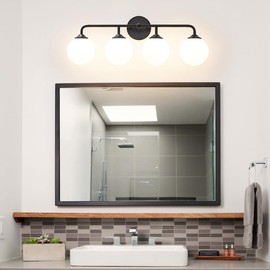 4-Lights Black Vanity Lights with Milky White Globe Glass Shade, Industrial Bathroom Wall Sconces Light over Mirror, Vanity Lighting Fixture for Bathroom Dressing Table Bedroom Living Room