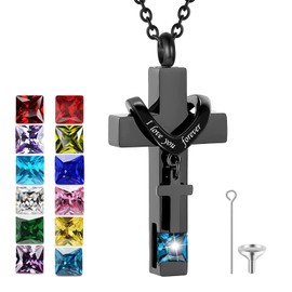 Miity Haiy Birthstones Urn Necklaces for Ashes Crystal Cross Cremation Pendant Urns for Human Ashes Memorial Keepsake Locket Jewelry for Men Women (Dark Blue)
