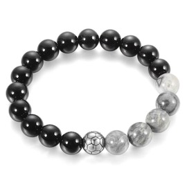 BIYONGDE 10MM Black Onyx Grey Gem Stone Bead Chain Bangle Bracelet with Stainless Steel Football Soccer Charm, Stretchable