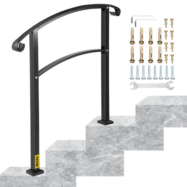 Happybuy 3-Step Transitional Handrail Fits 1 or 3 Steps Matte Stair Rail Wrought Iron Handrail with Installation Kit Hand Rails for Outdoor Steps (Unadjustable) (Black)
