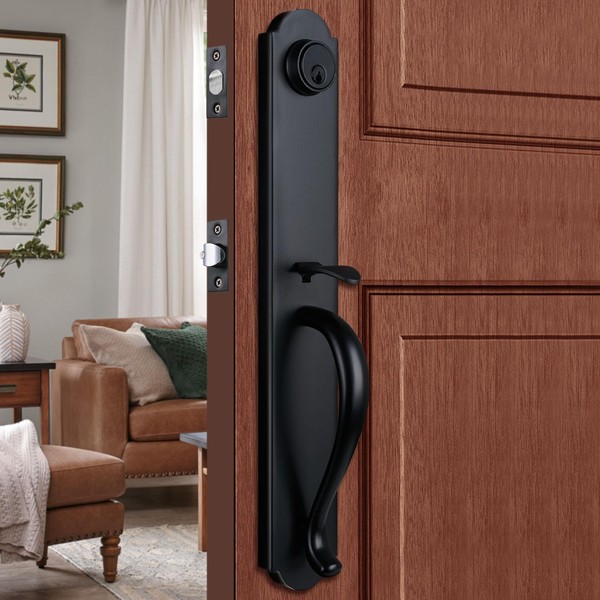 HISAFE Matte Black Front Door Handleset in Camelot Trim, Heavy