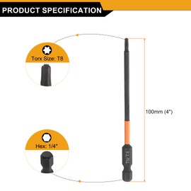 sourcing map T8 Torx Head Screwdriver Bit 4" (100mm) Long 1/4" Hex Shank Magnetic No Hole Tamper Proof 6 Point Star Screw Driver Drill Bits Phosphate S2 Steel Industrial Power Tools
