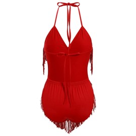ABAFIP Women's Sequin Fringe Dance Bodysuit Halter V-Neck Sparkly Tassel Leotard Rave Festival Outfit Red Small