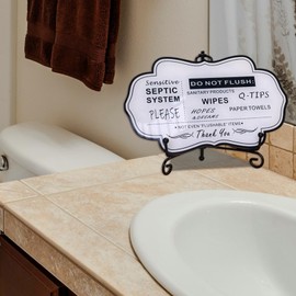 Do Not Flush Rules Sign for Bathroom,RAMIEYOO Designer Septic System Bathroom signs with stand for Home,Business or RV,Cabin (White)