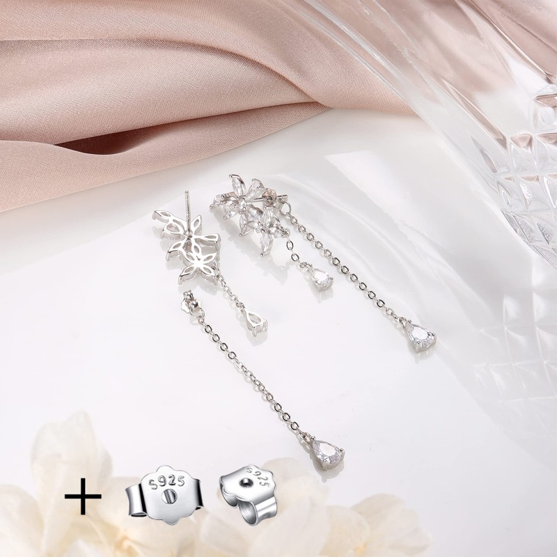 ZELORES 925 Sterling Silver Flower Earrings CZ Wrap Earrings Chain