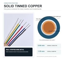 TUOFENG Cable de conexión de núcleo sólido de 22 AWG, 6 cables de protoboard de diferentes colores de 30 pies cada uno, cable electrónico con PVC para