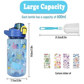 600ml Toddler Drinks Bottle Set, Kids Water Bottles with Straw, BPA Free, Leakproof Children's Bottle with Brush, Kids School Water Bottle for Girls Boys(Ocean)