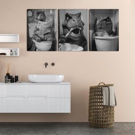 Kyiyhzp Funny Dinosaur Bathroom Wall Art Dinosaur on Toilet Canvas Print Painting Black And White Animal in Bathtub Wall Decor Artwork for Kids Room Restroom Home Decoration 12x16in