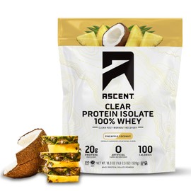 Ascent 100% Clear Whey Protein Powder - Post Workout Whey Protein Isolate, Zero Artificial Flavors & Sweeteners, Gluten Free, 5.5g BCAA, 2.1g Leucine, Essential Amino Acids, Pineapple Coconut, 20 Serv