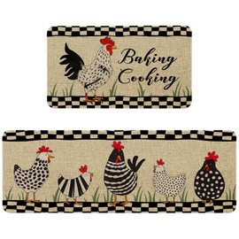 HSOWKDN Farmhouse Chicken Kitchen Rugs Sets of 2 Non Slip Washable, Rustic Kitchen Mats for Floor 2 Piece, Rooster Chicken Kitchen Decor