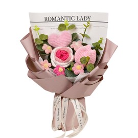 Wishwell Pop Crochet Flower Bouquet, Crochet Rose Tulip Love Heart Knitted Flowers for Valentines Day, Birthday, Anniversary, Wedding, Mother's Day, Home Décor, Pink