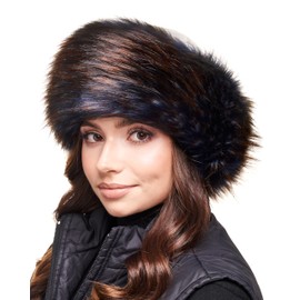 Futrzane Siberian Hat with Fur Edge - Fur Hat Women's - Fur and Leather Hat, White - Navy Blue with Brown Classic