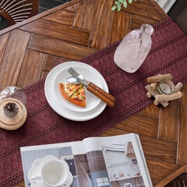 Weldomcor Burgundy Red Macrame Table Runner, Boho Cotton Flax Table Runner with Tassels, Rectangular Crochet Lace Mesh Tablecloth for Kitchen, Vintage, Farmhouse, Wedding, Tabletop Decor, 30 x 120 cm