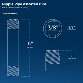 SupplyGiant 3/8 x 6 Inch Black Steel Pipe (10-Pack), Heavy Duty Industrial Malleable Iron Pipes, Pre Cut Threaded Nipple Great For All DIY Furniture And Black Pipe Shelving