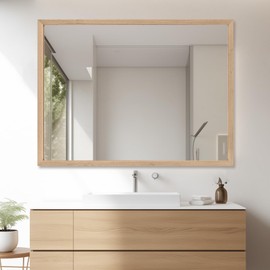 TheiaMo 40"x30" Bathroom Mirror with Natural Wood Frame for Wall, Large Rectangle Vanity Mirror Rustic Farmhouse Decor Mirror, Anti-Rust Explosion-Proof, Hangs Horizontally or Vertically, Solid