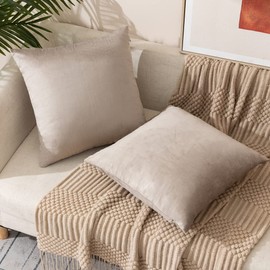 ETASOP Velvet Pillow Covers with Inserts Included 18x18, Pack of 2 Soft Solid Decorative Throw Pillows for Sofa Bedroom Car (Khaki)