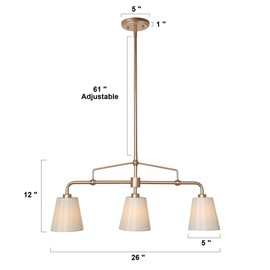 GEPOW Gold Chandeliers, Linear Island Light Fixture with Fabric Shade, Modern 3-Light Pendant Lighting for Kitchen, Dining Room, Living Room and Foyer