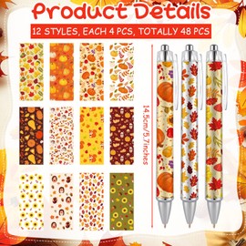 48 Pcs Thanksgiving Pens Bulk Fall Thanksgiving Party Favors -12 Style Writing Black Ink Smooth Maple Leaf Pumpkin Ballpoints for Harvest Autumn Gift Holiday Favors Office School Supplies