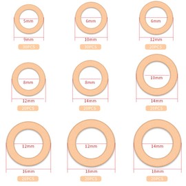 ZHUOYUE 200 Piece Flat Washer Copper Washer Drain Washer Gasket Set Heat Resistant Oil Resistant Copper Ring (9 Types Size: M5/M6/M8/M10/M12/M14, Case Included)
