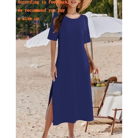 Zeagoo Maxi Beach Sundress Women's 2025ed Sun Dress High Waist Tropical Shift Boho Cover Up Midi Dress Half Sleeve 2025 A Line Swing Summer with Side Split Navy XL