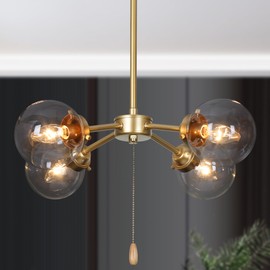 Gold Chandeliers for Dining Room, Modern 4 Light Semi Flush Mount Ceiling Light Fixtures with On/Off Pull Chain Globe Chandelier for Living Room Kitchen Island Hallway